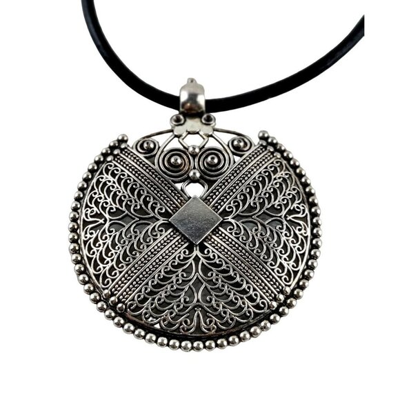 Artist - T Ellen Other - Ethno Silver Medallion Pendant Necklace Black Leather Cord Indie Curl Pattern